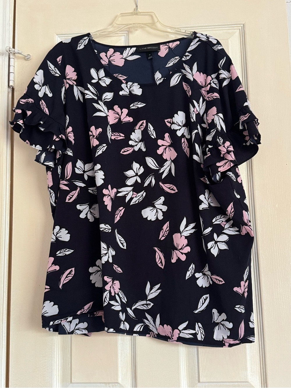 Lane Bryant Navy Floral Ruffle Sleeve Blouse